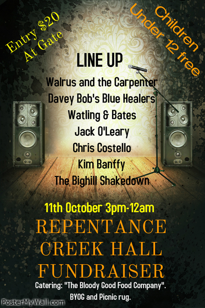 Repentance Creek Hall fundraiser poster with live music lineup